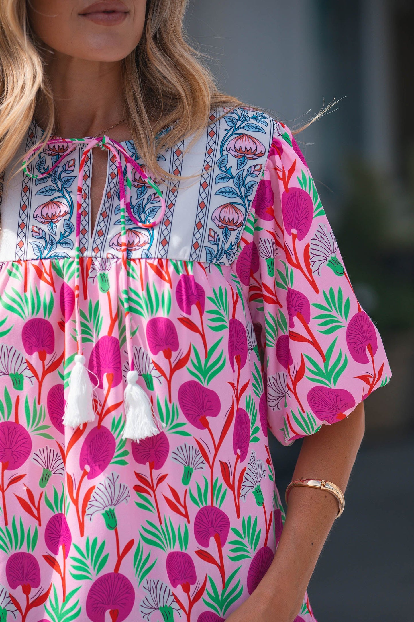 Threaded Pear Jade Patchwork Tassel Tie Blouse
