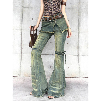 Womens Distressed Lace-up Vintage-style American Denim Jeans