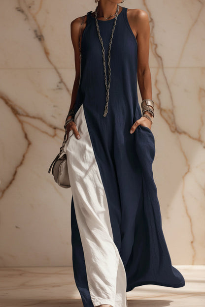 Off-Shoulder Color-Block Flared Maxi Dress with Pockets