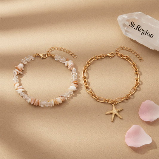 Clear Resin & Shell Goldtone Irregular Beads Starfish Charm Anklet Set