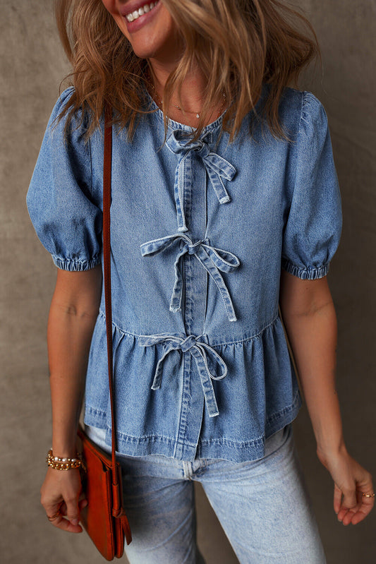 Threaded Pear Hope Tied Front Bubble Sleeve Peplum Denim Shirt