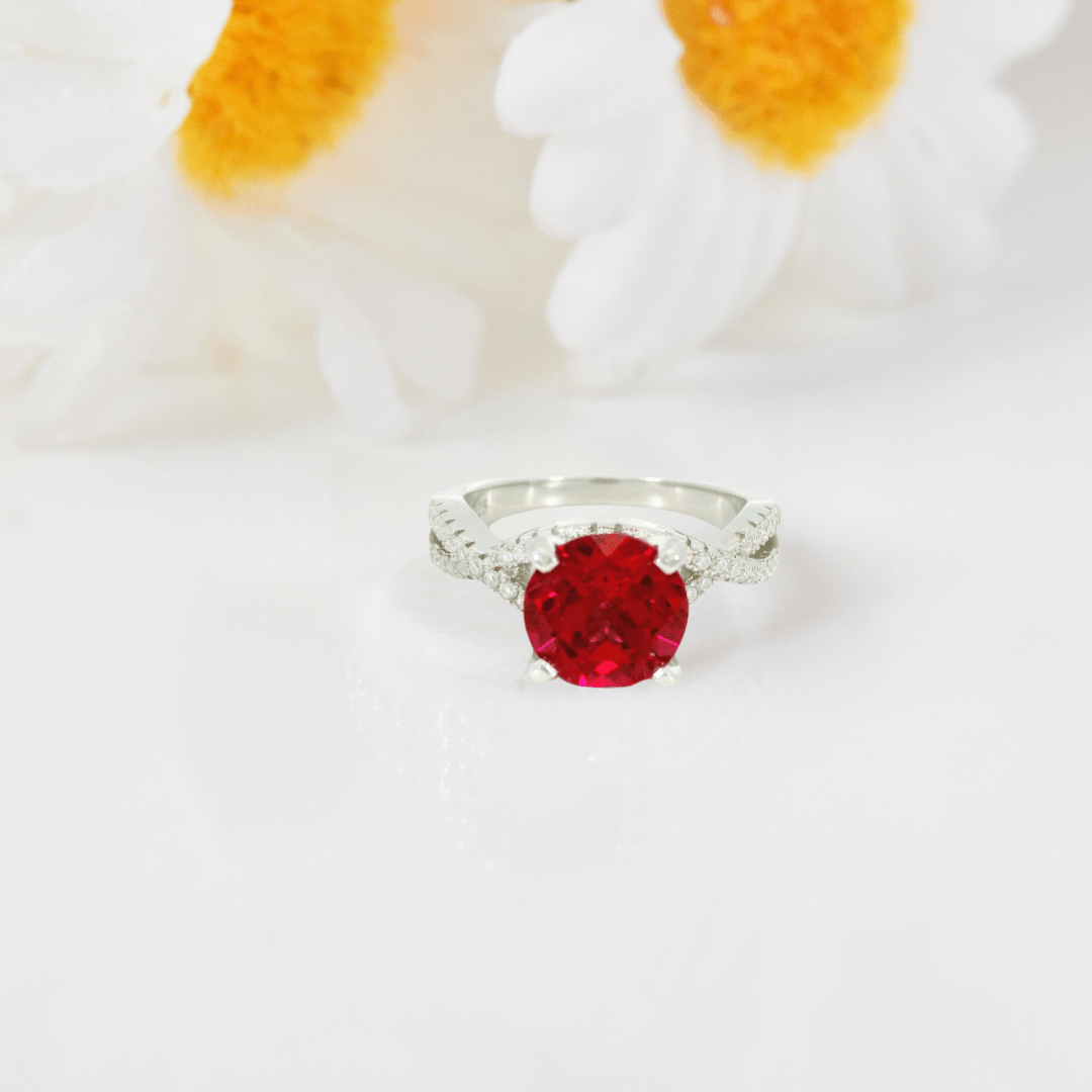 Round Red Lab Grown Ruby Prong Silver Twisted Band Solitaire Ring