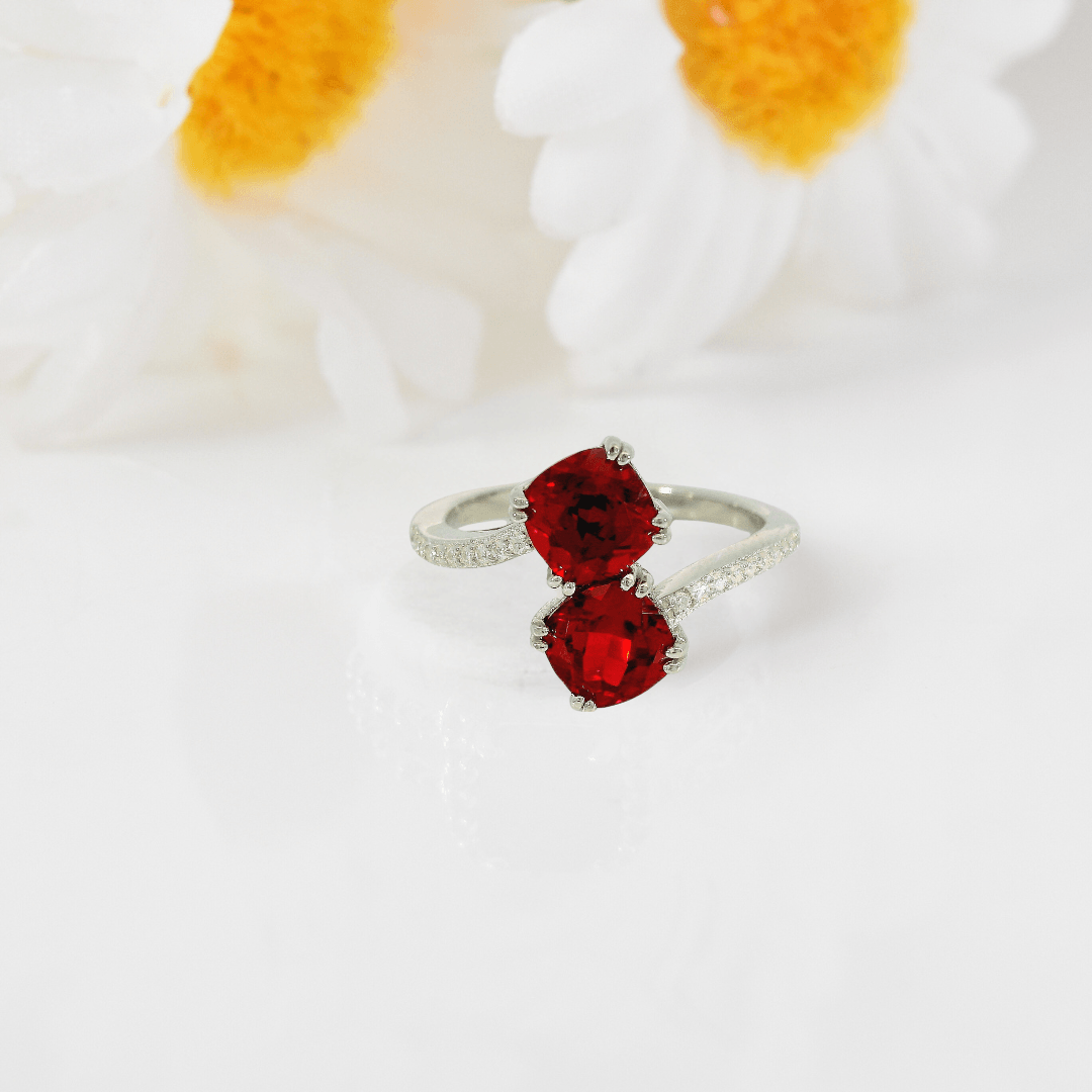 Cushion Red Lab Grown Ruby Silver Bypass Dual Stone Ring