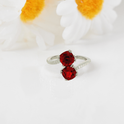 Cushion Red Lab Grown Ruby Silver Bypass Dual Stone Ring