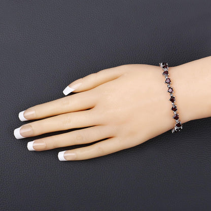 Heart Red Garnet Prong Sterling Silver Box Clasp Tennis Bracelet