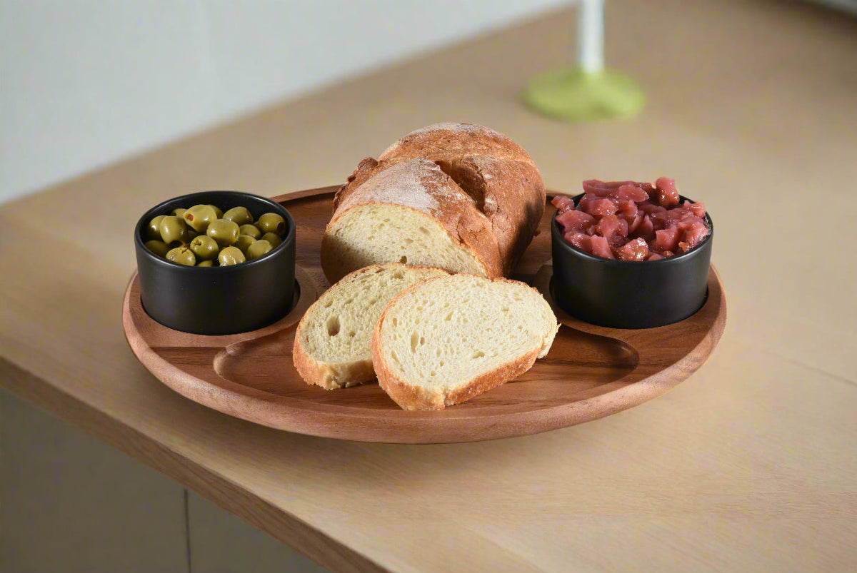 Kalmar Home Acacia Wood Charcuterie / Serving Tray with 2 Ceramic Bowls with Lids
