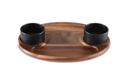 Kalmar Home Acacia Wood Charcuterie / Serving Tray with 2 Ceramic Bowls with Lids