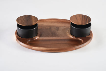 Kalmar Home Acacia Wood Charcuterie / Serving Tray with 2 Ceramic Bowls with Lids