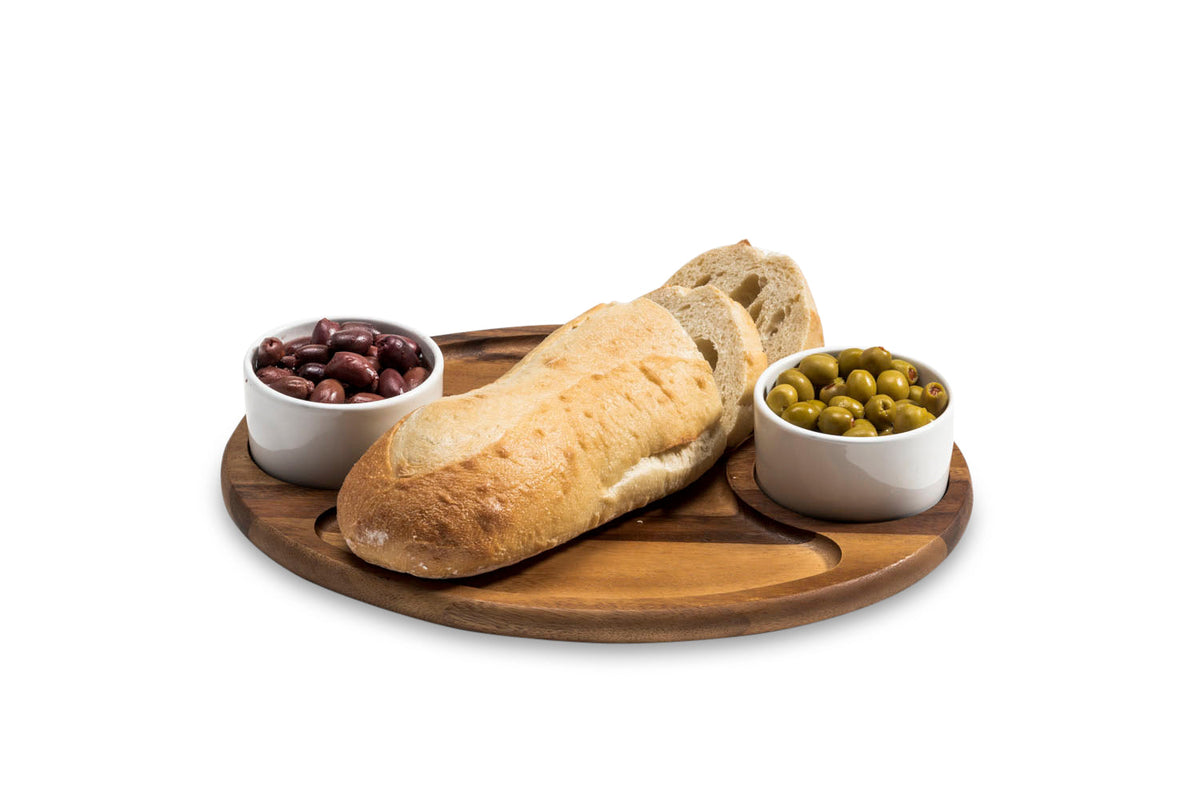 Kalmar Home Acacia Wood Charcuterie / Serving Tray with 2 Ceramic Bowls with Lids
