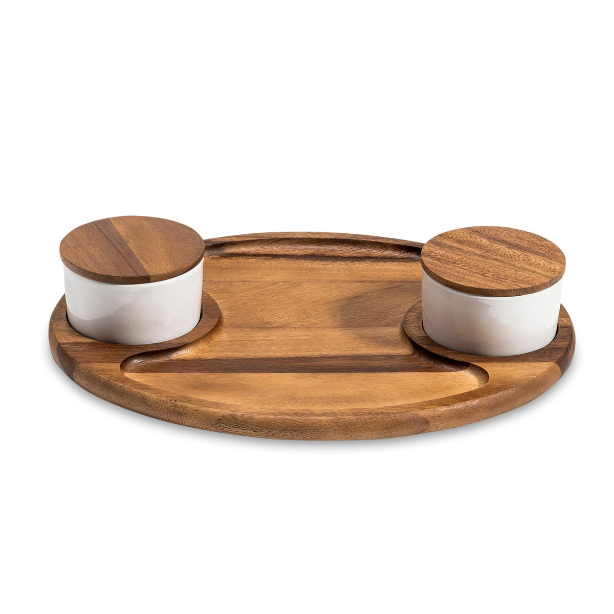 Kalmar Home Acacia Wood Charcuterie / Serving Tray with 2 Ceramic Bowls with Lids