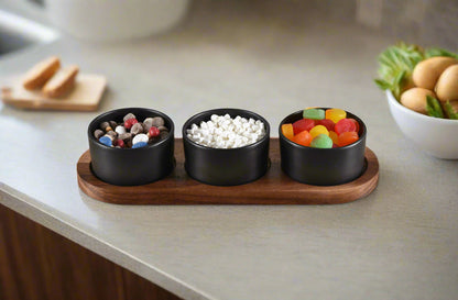 Kalmar Home Ceramic Condiment Set on Acacia Wood Base