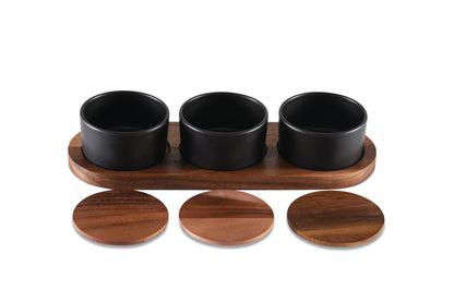 Kalmar Home Ceramic Condiment Set on Acacia Wood Base