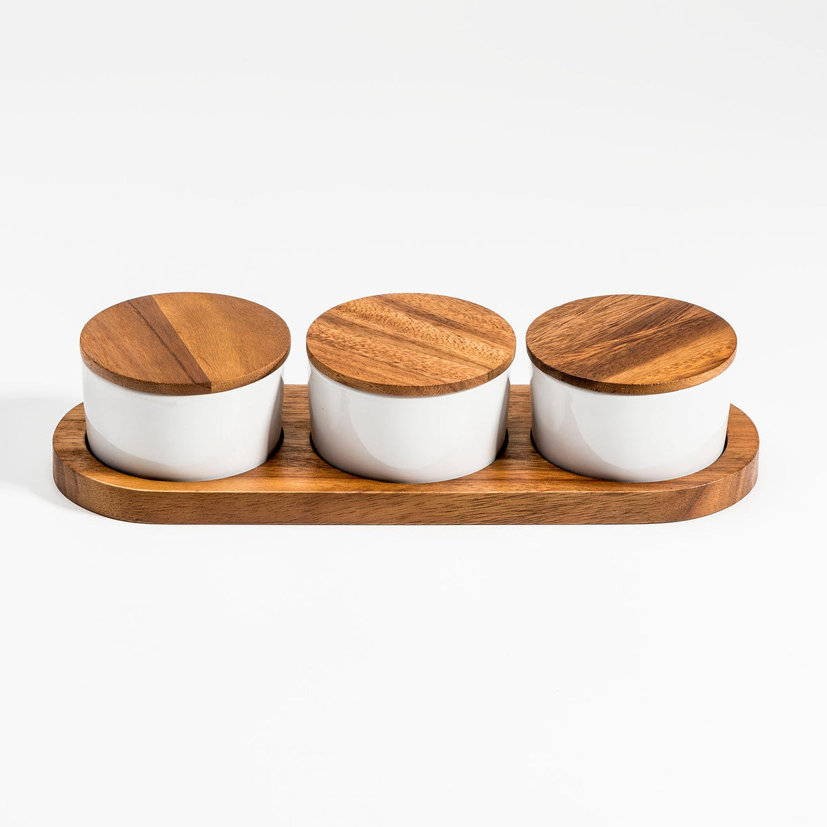 Kalmar Home Ceramic Condiment Set on Acacia Wood Base