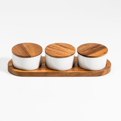 Kalmar Home Ceramic Condiment Set on Acacia Wood Base