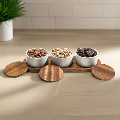 Kalmar Home Ceramic Condiment Set on Acacia Wood Base