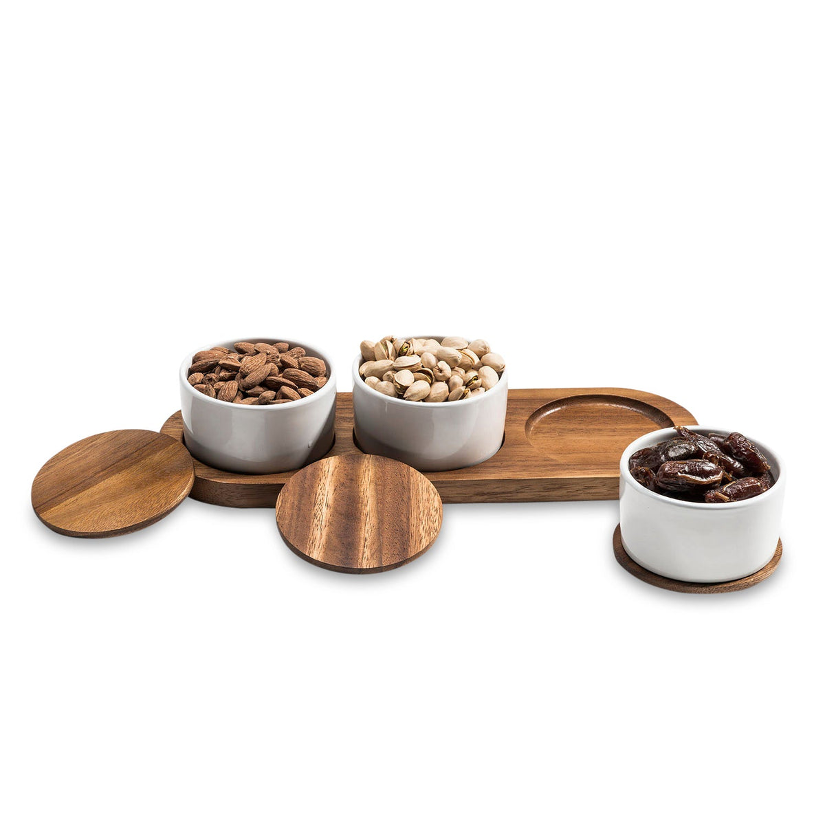 Kalmar Home Ceramic Condiment Set on Acacia Wood Base