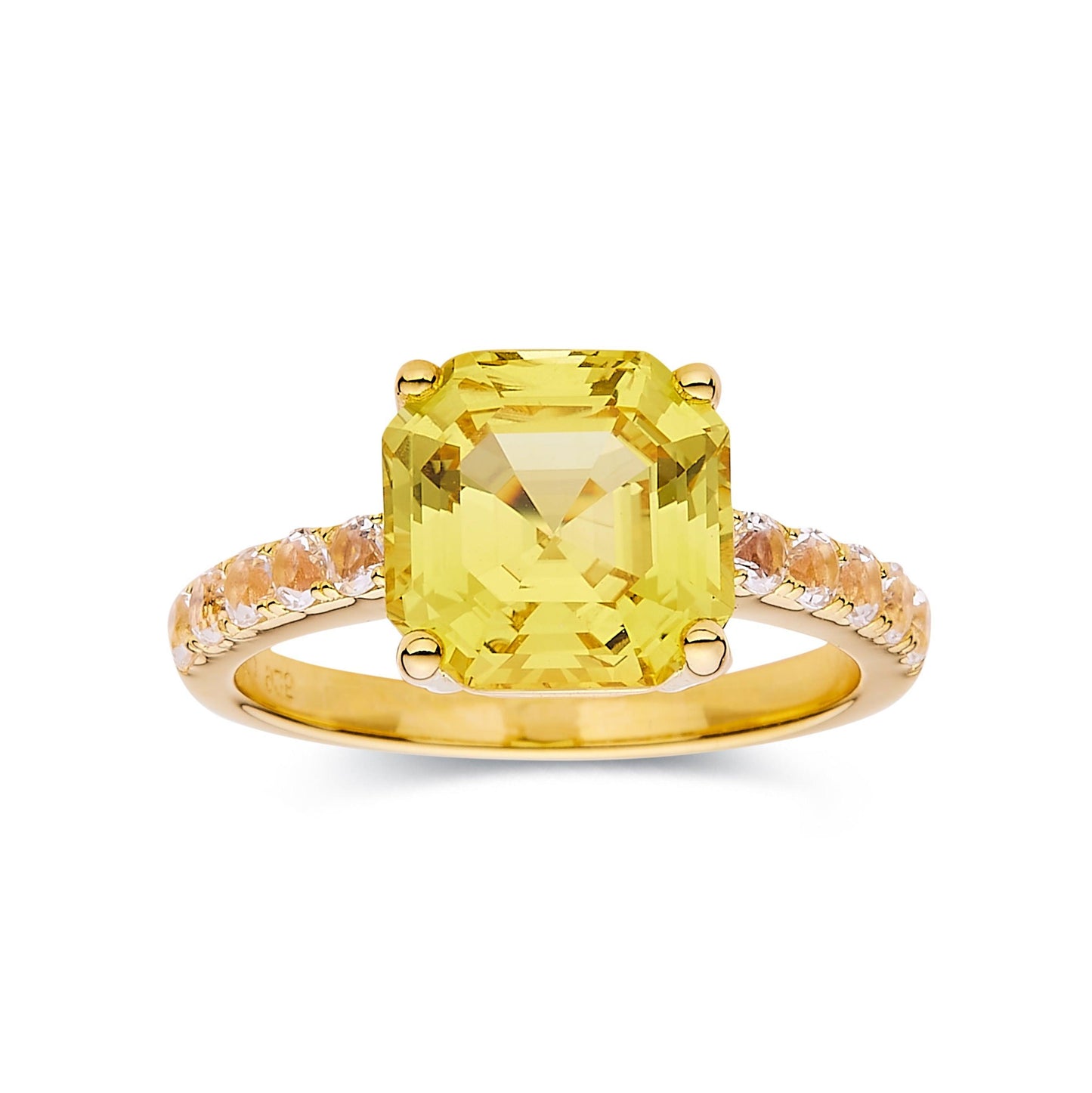 3.60 Ct Cushion Lab Grown Yellow Sapphire Prong 18k Yellow Gold Over Silver Pave Ring