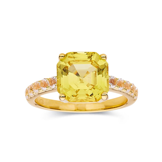3.60 Ct Cushion Lab Grown Yellow Sapphire Prong 18k Yellow Gold Over Silver Pave Ring