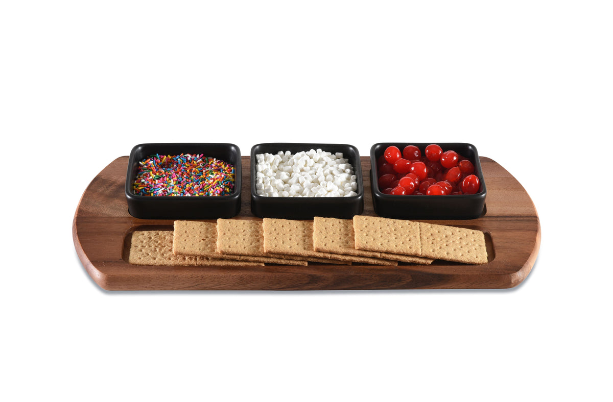 Kalmar Home Charcuterie / Serving Tray with 3 Black Square Ceramic Bowls