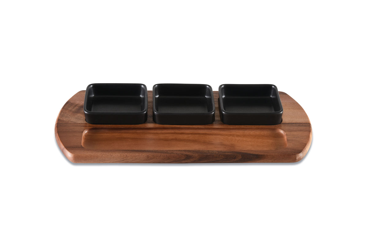 Kalmar Home Charcuterie / Serving Tray with 3 Black Square Ceramic Bowls