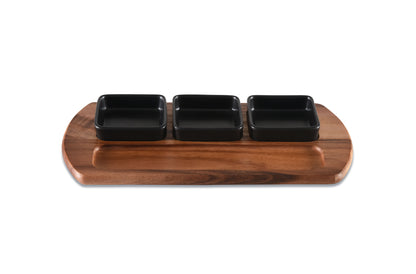 Kalmar Home Charcuterie / Serving Tray with 3 Black Square Ceramic Bowls