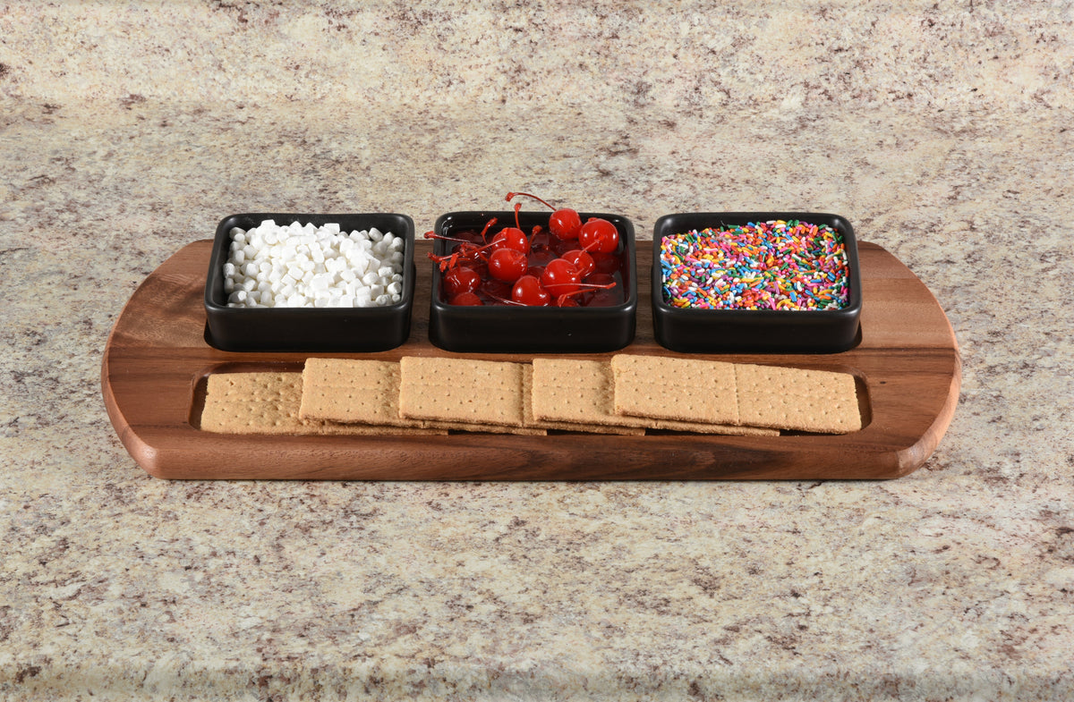 Kalmar Home Charcuterie / Serving Tray with 3 Black Square Ceramic Bowls