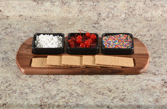 Kalmar Home Charcuterie / Serving Tray with 3 Black Square Ceramic Bowls