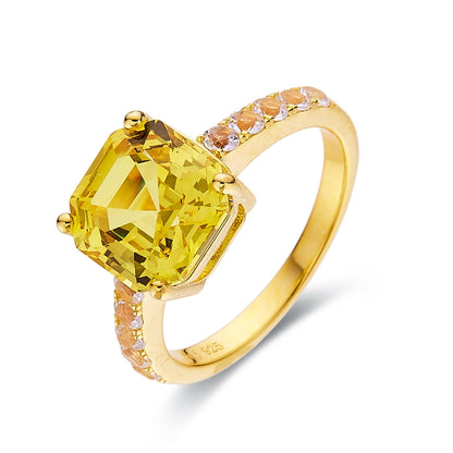 3.60 Ct Cushion Lab Grown Yellow Sapphire Prong 18k Yellow Gold Over Silver Pave Ring