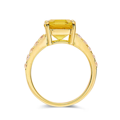 3.60 Ct Cushion Lab Grown Yellow Sapphire Prong 18k Yellow Gold Over Silver Pave Ring