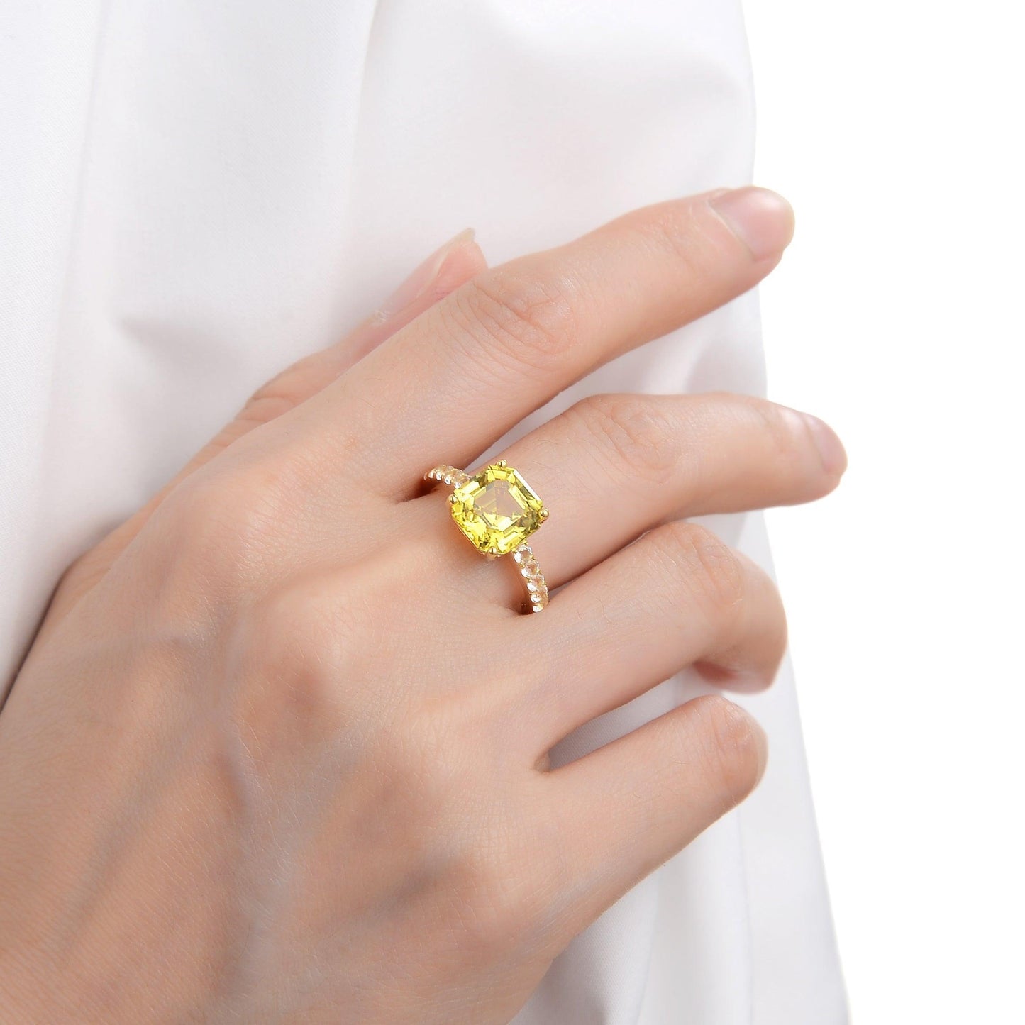 3.60 Ct Cushion Lab Grown Yellow Sapphire Prong 18k Yellow Gold Over Silver Pave Ring