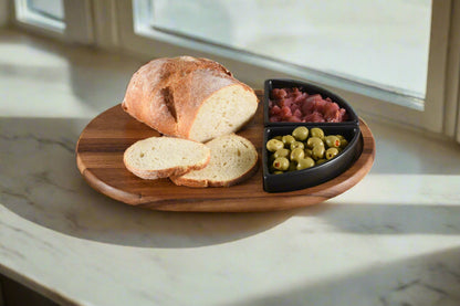 Kalmar Home Charcuterie / Serving Tray with 2 Black Triangular Ceramic Bowls