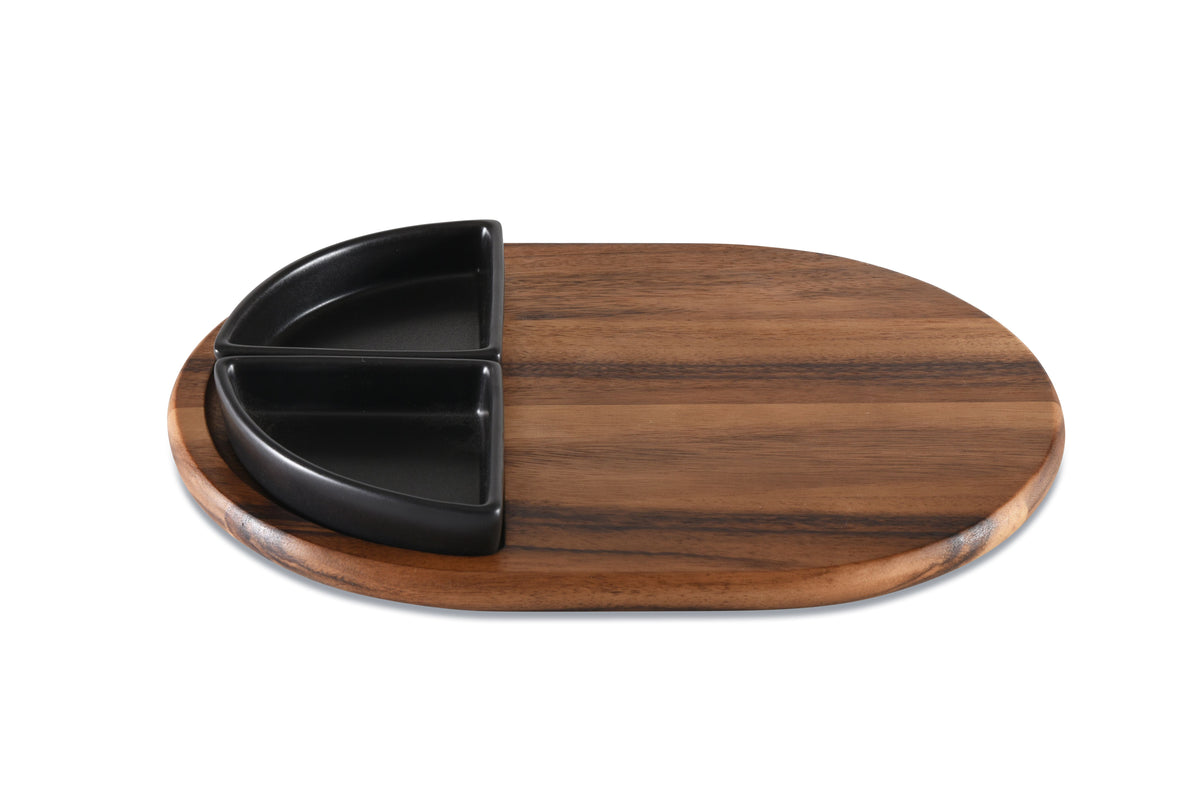 Kalmar Home Acacia Wood Charcuterie / Serving Tray with 2 Triangular Ceramic Bowls