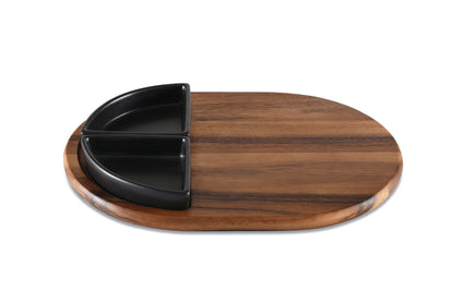Kalmar Home Acacia Wood Charcuterie / Serving Tray with 2 Triangular Ceramic Bowls
