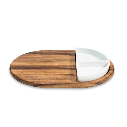 Kalmar Home Acacia Wood Charcuterie / Serving Tray with 2 Triangular Ceramic Bowls