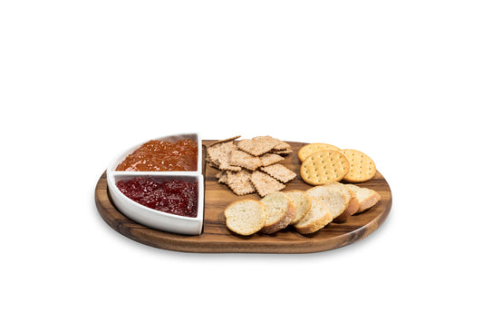 Kalmar Home Acacia Wood Charcuterie / Serving Tray with 2 Triangular Ceramic Bowls