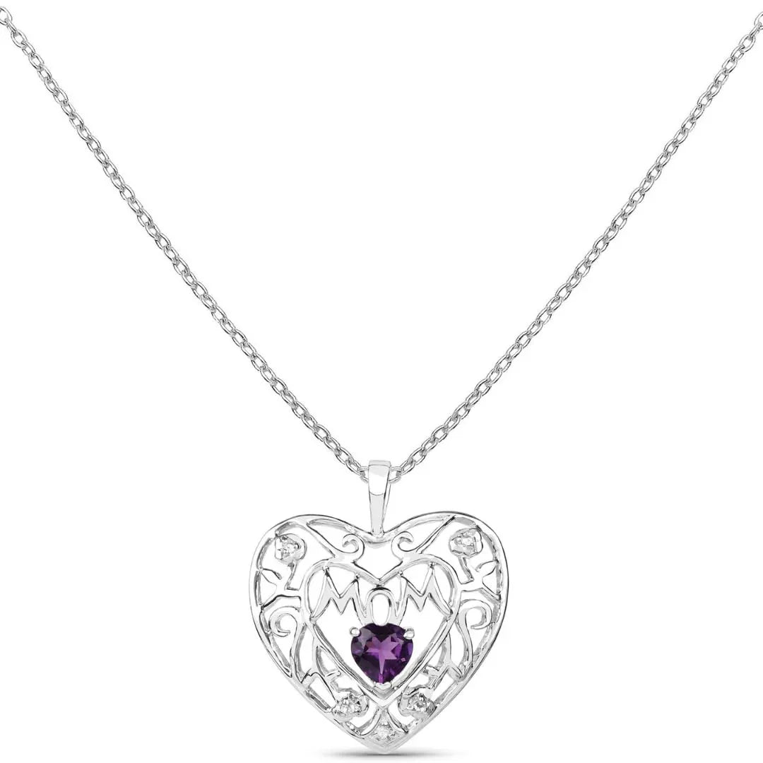 Heart Purple Amethyst Prong Silver Mom Charm Necklace