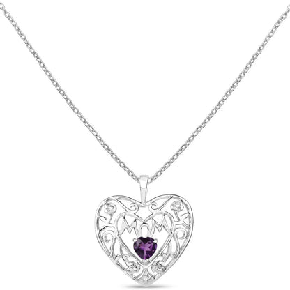 Heart Purple Amethyst Prong Silver Mom Charm Necklace