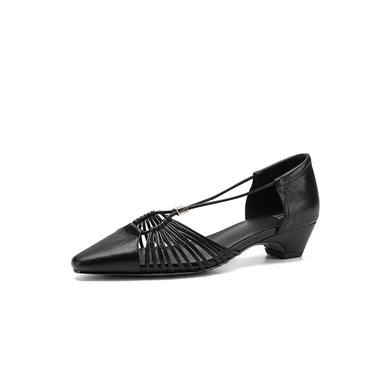 Women's Handmade Full-Grain Leather Strappy Low-Heel Sandals, Pointed-Toe Mary Jane Cutout Flats