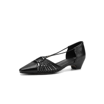 Women's Handmade Full-Grain Leather Strappy Low-Heel Sandals, Pointed-Toe Mary Jane Cutout Flats