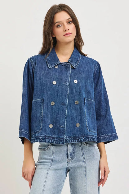 RISEN Double-Breasted Flowy Cropped Denim Jacket