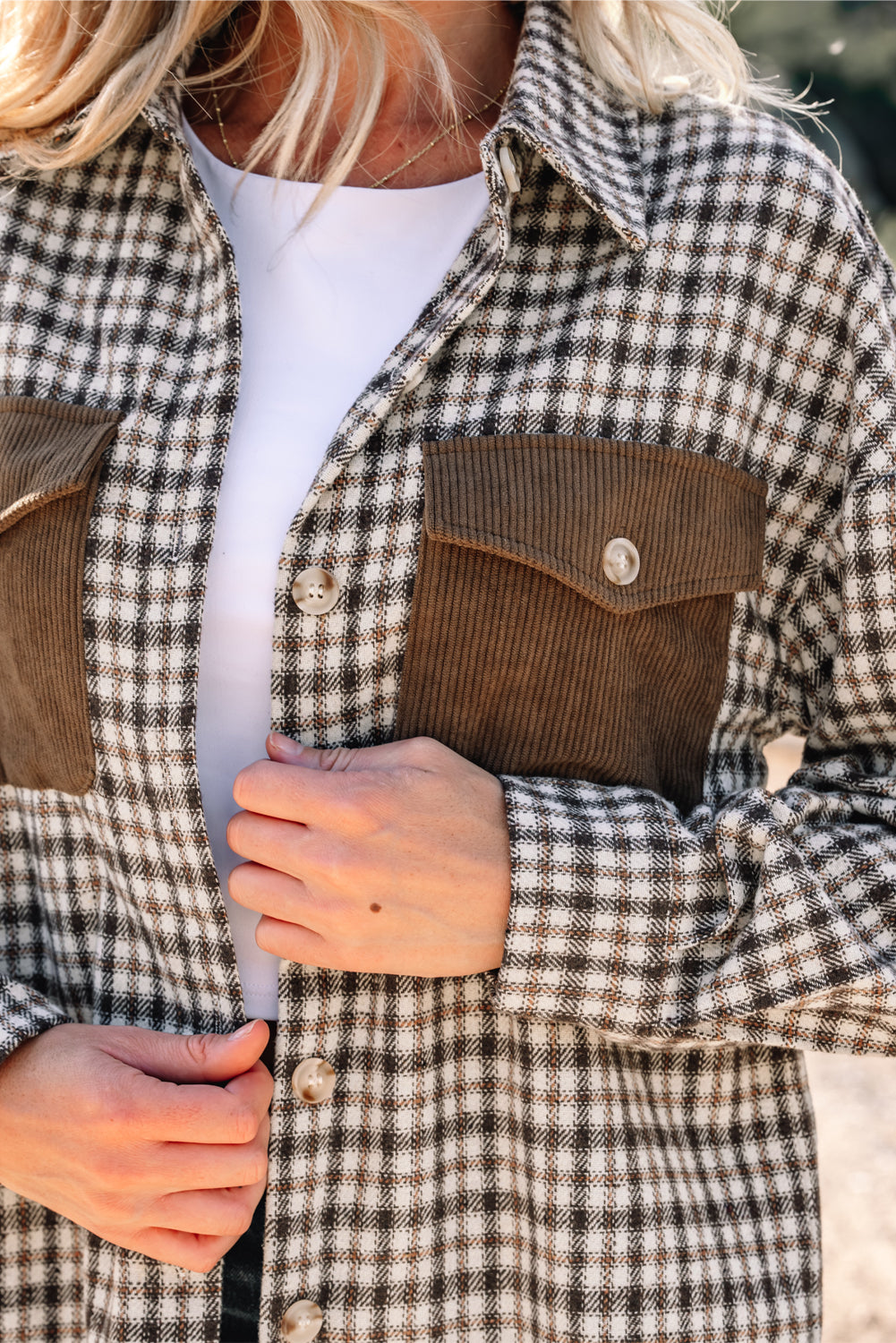 Threaded Pear Ava Flap Patchwork Plaid Shacket