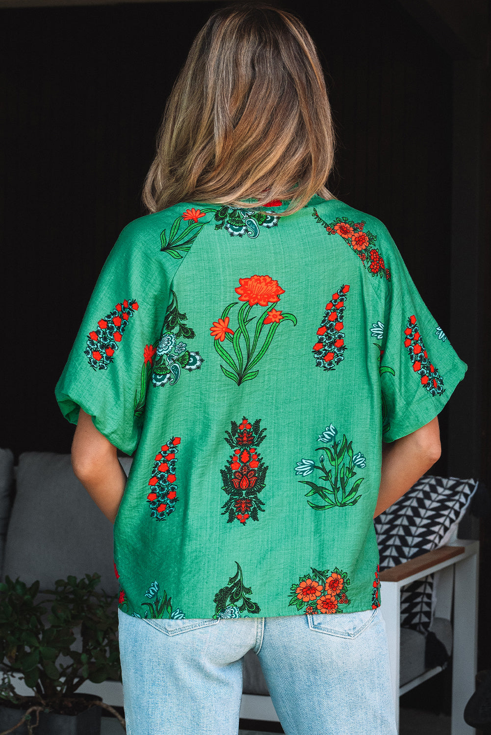 Threaded Pear Penelope Floral Buttoned V Neck Short Sleeve Blouse