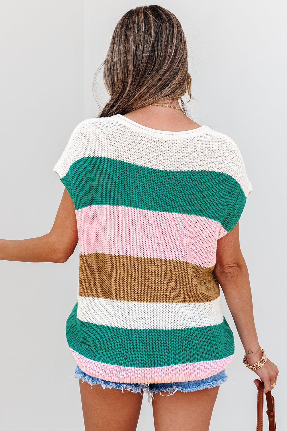 Threaded Pear Elliot Color Block Notch V Neck Sweater Top