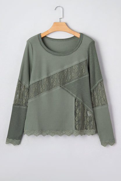 Threaded Pear Miriam Ribbed Lace Patchwork Long Sleeve Top