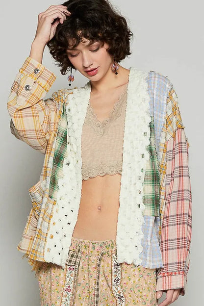 POL Raw Edge Plaid Open Front Cardigan