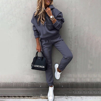 women's two piece solid color hooded sweatshirt set