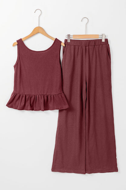 Threaded Pear Teresa Ribbed Ruffle Tank Top and Pants Set