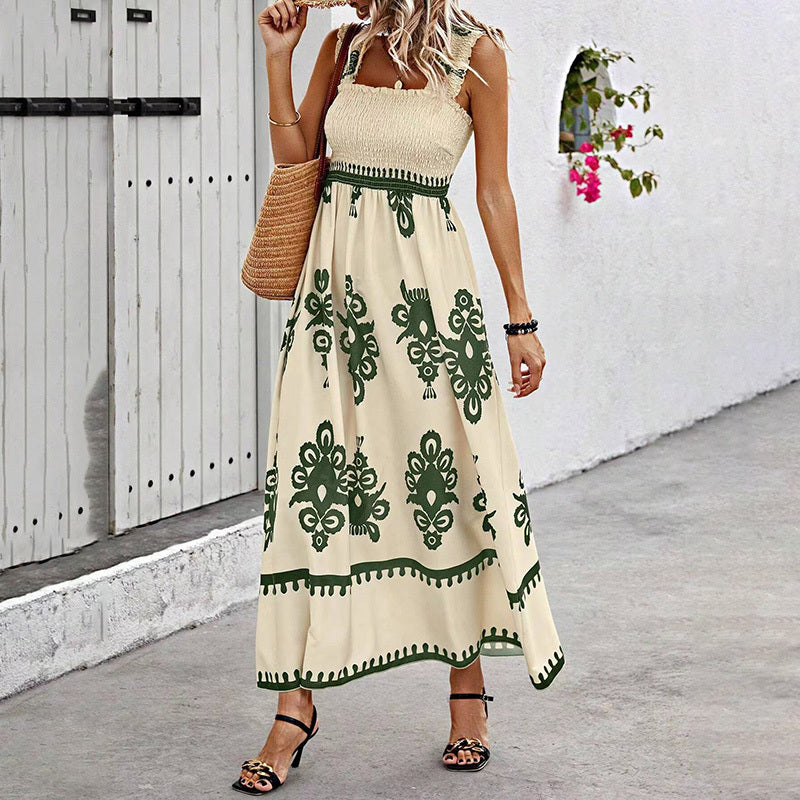 Women's Wide-Strap Printed Maxi Dress – Smocked Bodice & Tassel Waist