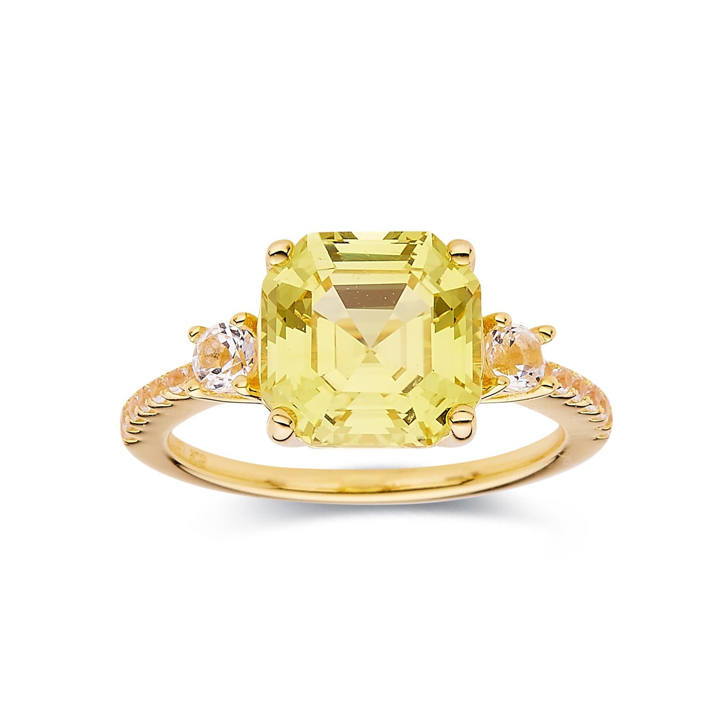 3.60 Ct Asscher Yellow Sapphire Prong 18k Gold Yellow Over Silver Three Stone Ring