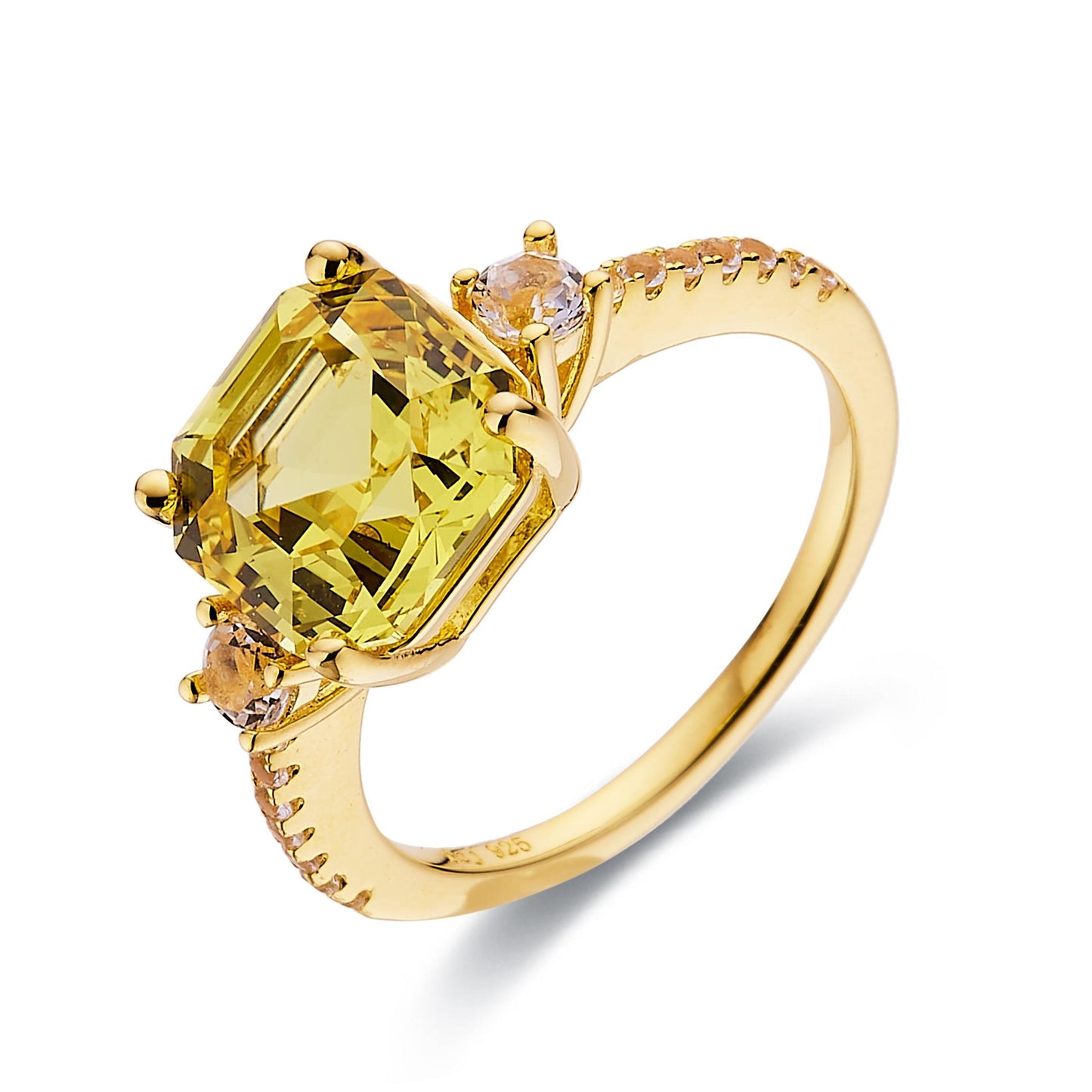 3.60 Ct Asscher Yellow Sapphire Prong 18k Gold Yellow Over Silver Three Stone Ring